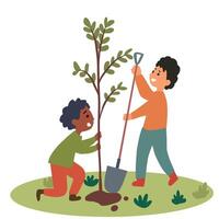 illustration of two children planting a tree together. One child is holding the young tree while the other uses a shovel to dig the soil. The image symbolizes teamwork, environmental awareness, vector