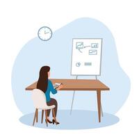 Flat illustration of a woman sitting at a desk and analyzing a chart. Great for topics like remote work, self-study, data analysis, or business planning vector