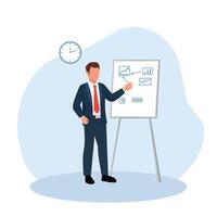 Businessman giving a professional presentation with charts. Ideal for topics like business strategy, finance, project report, data analysis, or corporate training vector