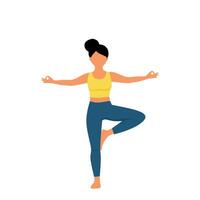 Flat style of a woman doing yoga in tree pose with one leg up and arms open. Suitable for wellness, spiritual, and healthy lifestyle conten vector