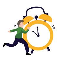 A flat illustration of a man running with or toward a giant alarm clock. The image conveys the concept of time pressure, deadline stress, being late, or the urgency of time management in daily life vector
