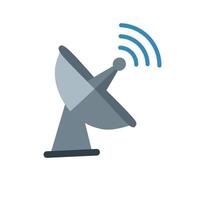 Flat design illustration of a satellite dish transmitter with wireless signal waves. icon representing data transmission, communication, and broadcasting technology vector