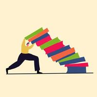 A minimalist illustration of a man struggling to hold up a large, unbalanced stack of colorful books. Symbolizes stress, overload, responsibility, or hard work in education or career vector