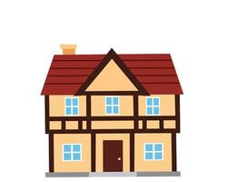 Flat of a spacious half timbered home with red gable roof, two chimneys, and blue windows, evoking medieval European design vector