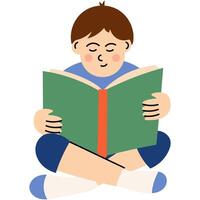 Child reading book while sitting cross-legged. Young boy sitting cross-legged and reading a large book, symbolizing education, learning, and concentration. vector