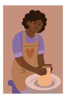 Woman shaping clay on pottery wheel. Woman wearing an apron while creating pottery on a wheel, symbolizing creativity, craftsmanship, and artistic expression. vector