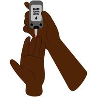 a dark skin Hands checking blood sugar with glucometer. Person using a glucometer to test blood sugar levels from a fingertip, representing diabetes monitoring and health care. vector
