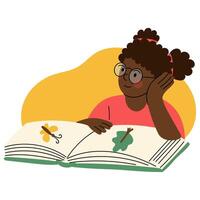 Cute dark-skinned girl reading a book and dreaming. Concept of childhood curiosity, learning, imagination, and storytelling. vector