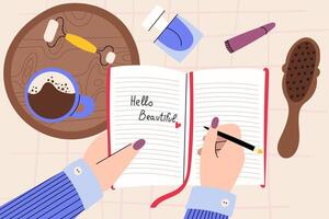 Flat lay of journaling with coffee and beauty items . Woman writing Hello Beautiful in a notebook, surrounded by coffee, cosmetics and self-care accessories on a cozy table setup. vector
