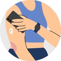 Human scanning glucose monitor with smartphone. Woman using a smartphone to scan a continuous glucose monitor on her arm. Continuous glucose monitor . Diabetes management and health technology. vector