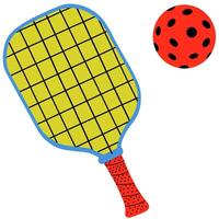 Pickleball Paddle and Ball. Pickleball paddle with grid lines and a perforated red ball, representing the sport and equipment. vector
