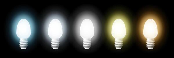 Five light bulbs showing different color temperatures on a black background vector