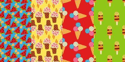 Set of colorful seamless summer patterns featuring playful ice cream, popsicles, watermelon slices, and desserts - perfect for textiles, wrapping paper, wallpapers, and childrens designs. vector