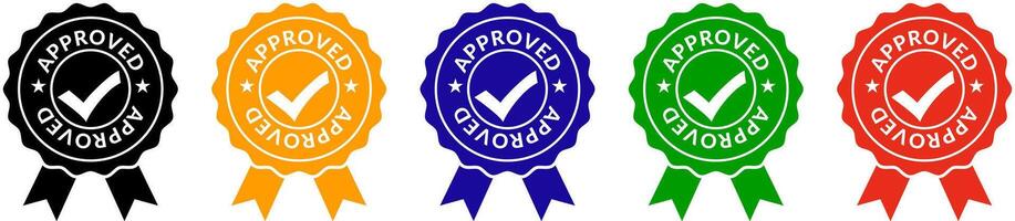 Colorful Approved Badges with Checkmarks and Ribbons Enhance Trust and Credibility. Suitable for apps and website UI designs vector