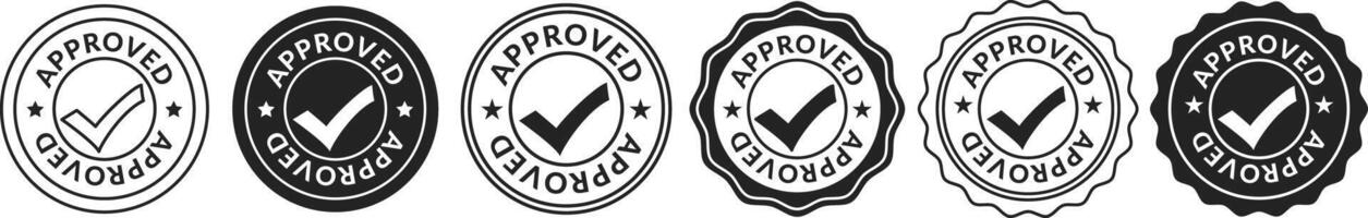 Set of approved check mark rubber stamp icons in black and white circular and wavy badge styles quality certified sign symbols for business branding documents and web design vector