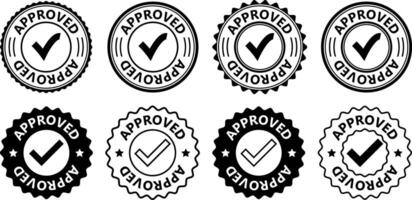 Collection of black and white approved checkmark rubber stamp icons in various badge shapes including circular and scalloped styles perfect for quality certification branding vector
