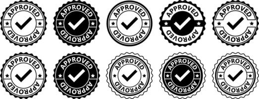 Collection of circular APPROVED rubber stamp icons with check marks, black and white quality seal badges vector