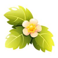 A stylized strawberry flower with white petals and green leaves. Bright, juicy, and cute illustration. Perfect for design, stickers, or prints. vector