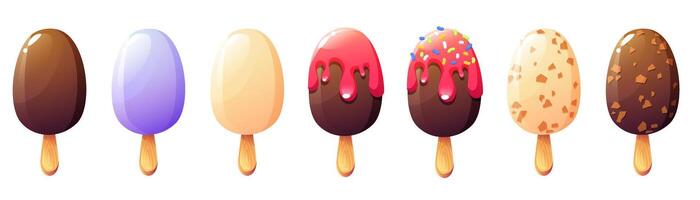 Ice cream on a stick. Set of ice cream with glaze, with pieces of nuts, with white and dark chocolate. Summer dessert. Design on a summer theme. vector