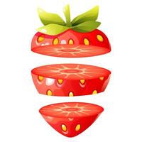 illustration of a strawberry sliced into segments, showing the fruit structure. The bright red color, green leaves, and yellow seeds create an appetizing image. vector