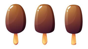 Ice cream on a wooden stick. Set of ice cream with glaze with dark chocolate, different shapes. Chocolate summer dessert. Summer theme design. vector