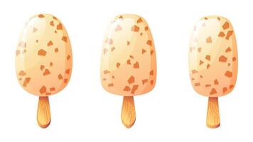Ice cream on a wooden stick. Set of ice cream, different shapes with white chocolate and nut pieces. Summer dessert. Summer-themed design. vector