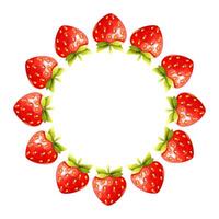 A illustration with a round frame of strawberry berries and green leaves. The fruits are arranged in a circle on a white background. The image is bright, with empty space for text. vector