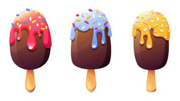 Ice cream on a wooden stick. Set of ice cream, different shapes with glaze of different colors and sprinkles. Chocolate summer dessert. Summer-themed design. vector