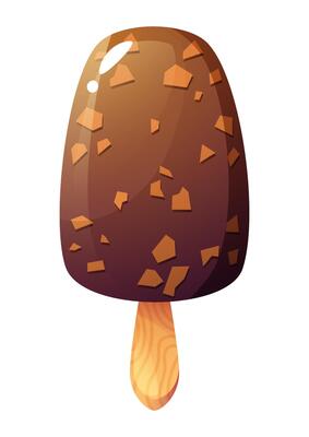 Ice cream on a wooden stick. Chocolate ice cream with nut pieces. Summer dessert. Summer themed design.