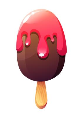 Ice cream on a wooden stick. Chocolate ice cream with pink glaze. Summer dessert. Summer themed design.