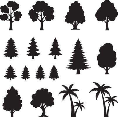 Versatile Tree Silhouette Icons Broadleaf, Evergreen, and Tropical Trees for CAD and Landscape Design