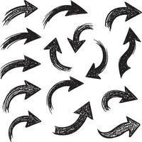 Grunge style hand sketched arrows with curved lines, rough ink texture, abstract symbols, and crayon scribbles for dynamic directional graphic design use vector