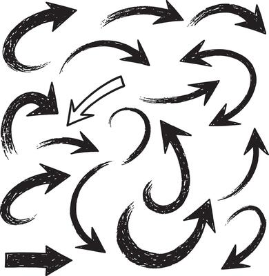 Hand drawn curved arrows and grunge sketch pointers with scribbled textures, swirl motion lines, and bold brush strokes for abstract direction and creative design concepts