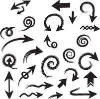 Scribble style arrow icon set with messy ink textures, curved motion symbols, bold hand drawn lines and abstract artistic direction signs for creative projects vector