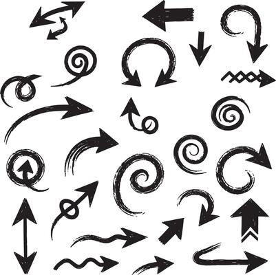Scribble style arrow icon set with messy ink textures, curved motion symbols, bold hand drawn lines and abstract artistic direction signs for creative projects