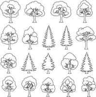 Silhouette Tree Line Drawing Set for Architecture and Landscape Design Diverse Collection of Deciduous, Pine, and Palm Trees in Minimalist Style vector