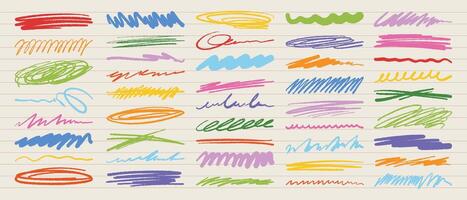 Colorful crayon underlines and scribbles on grid paper background. Hand-drawn squiggles for creative highlights, notes, and design accents vector