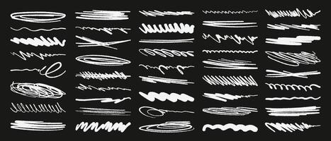 Hand-drawn white underlines, scribbles and marker lines. Rough sketchy elements for notes, highlights, or abstract design accents on black background vector