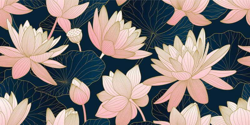 Asian seamless pattern with lotuses and water lilies. Golden line art of luxury background