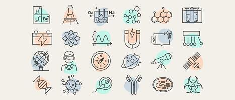 Collection of science icons in outline style. Includes research, lab tools, biology, and astronomy symbols. set with editable strokes for educational projects. vector
