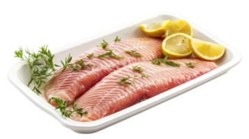 Fresh fish fillets with lemon slices and herbs on a white platter ready for cooking png