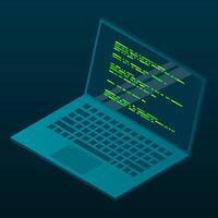 Isometric laptop. 3d isometric laptop computer. Abstract programming language and program code on a laptop screen. vector