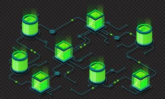 Isometric concept of big data processing. Server energy station of future. Network mainframe infrastructure. Isometric high technology concept vector