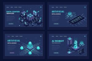 Set of isometric landing page template. Modern technology concept for data center, AI robot, and artificial intelligence. Isometric technology vector