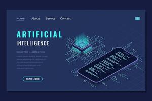 Isometric artificial intelligence landing page. Machine learning technology. Digital technology website landing page. Isometric vector