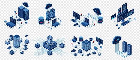Set of isometric modern technology concept for cloud computing, Datacenter, Database, artificial intelligence, and blockchain technology. Isometric, vector