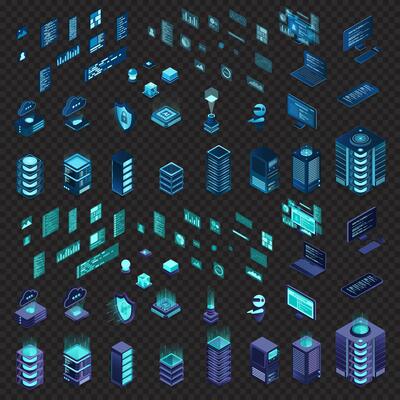 Large set of isometric computer technology. Isometric set server equipment. Modern technology concept for cloud computing, datacenter, database. Isometric