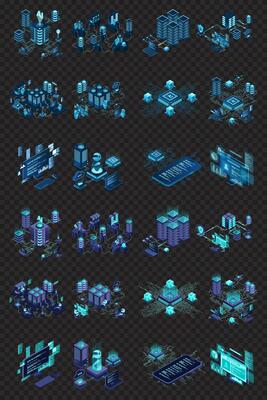 Large set of isometric modern technology concept for cloud computing, datacenter, database, artificial intelligence, and blockchain technology. Isometric technology