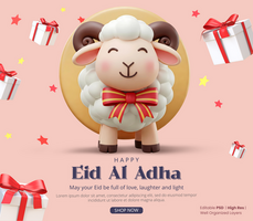 Happy Eid Al Adha background with 3d cartoon white sheep with a red and yellow bow tie psd