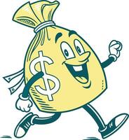 happy money bag character running with smile and dollar symbol in cartoon style vector